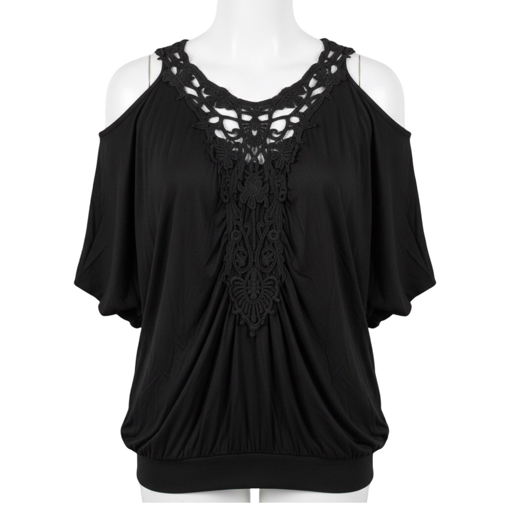 Mon Amie XL Black Lace Cold Shoulder Boho Chic Dolman Batwing Sleeve‎ Romantic